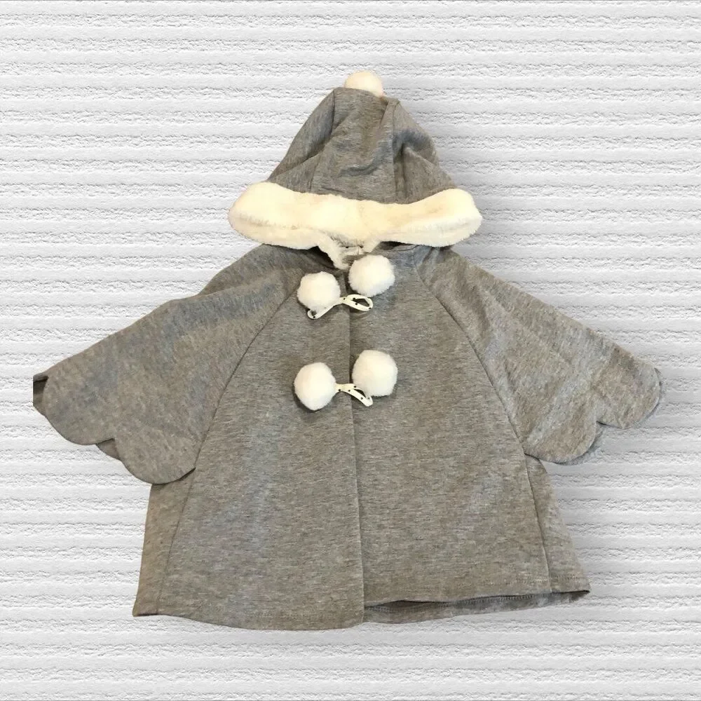 Maggie & Zoe 2t Whimsical Gray Hooded Toggle Pom Pom Cape Coat